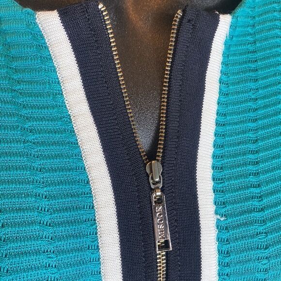 Misook knit green top black white trims zipper front medium - Picture 3 of 6